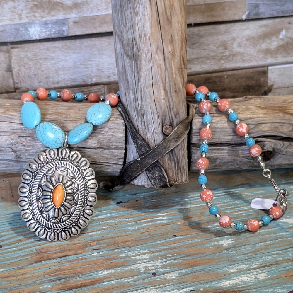 New Handcrafted Turquoise Color and Coral Beaded Necklace with Silver Pendant